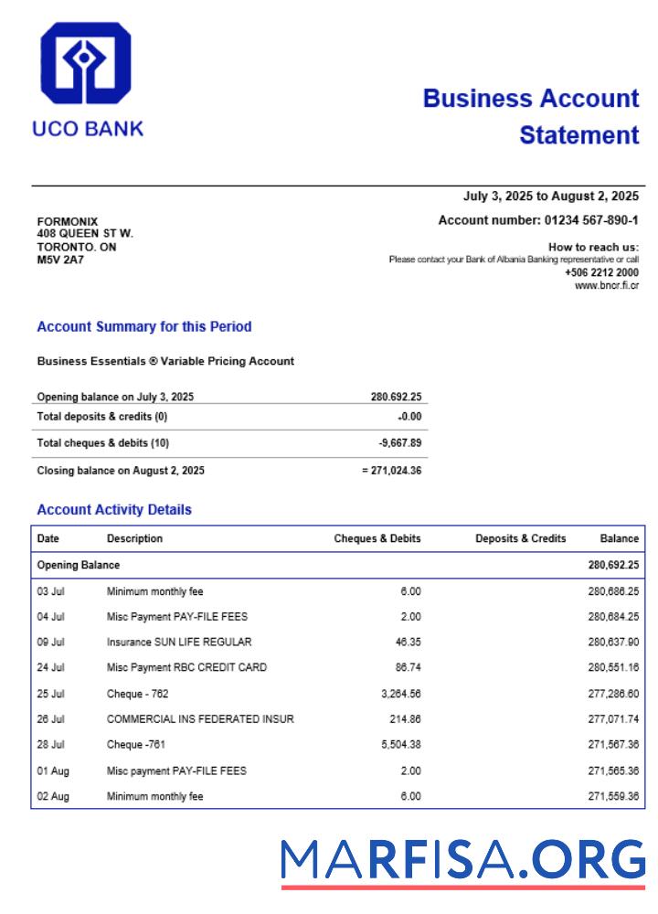 Printable UCO Bank company checking account statement Word and PDF format template